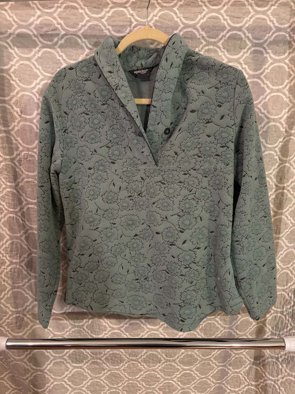 Woolrich Floral Fleece Shawl Collar Button Pullover Sweatshirt